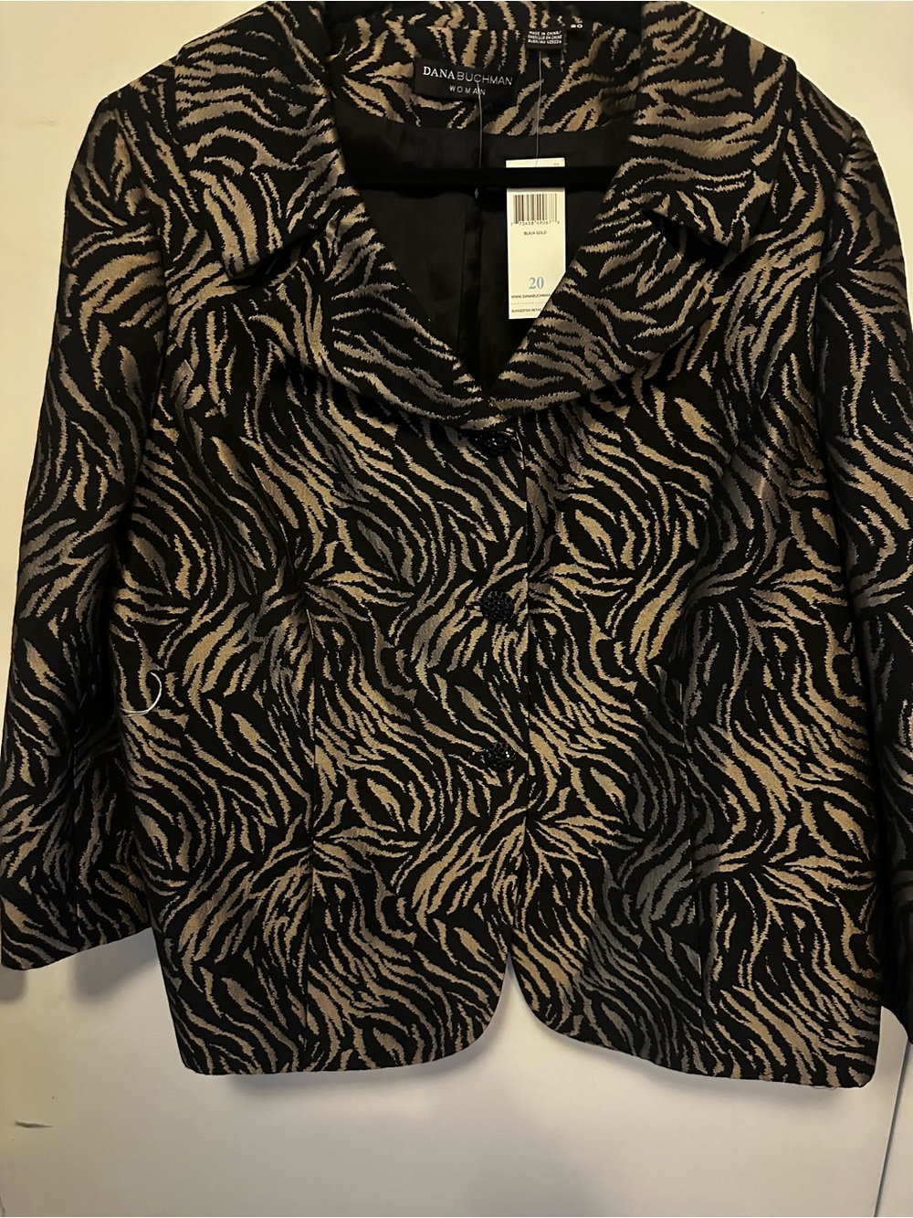 Dana Buchman Woman NWT Size 20 Black Tan Zebra Jacquard Jacket Rhinestone Button